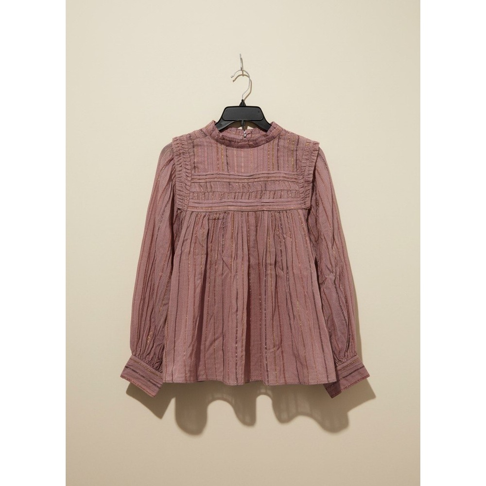 FARM Rio Burgundy Pleated Yoke Long Sleeve Blouse Pink Metallc Gold Size XS NWT - Picture 3 of 4